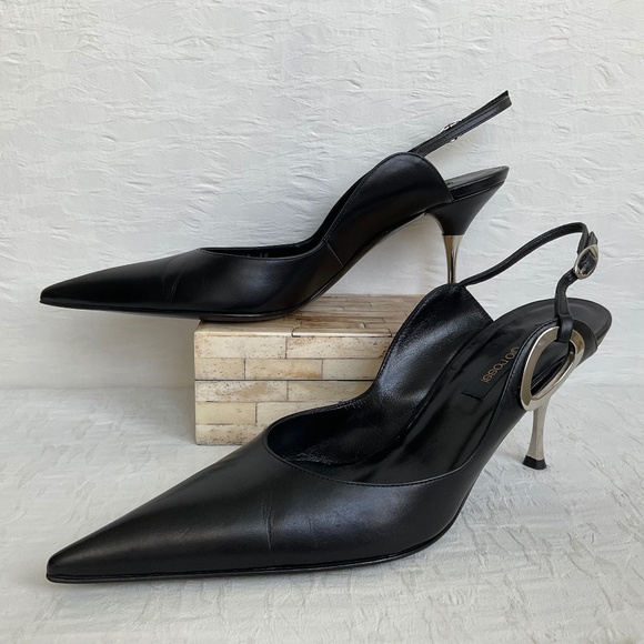 Sergio Rossi Dressy Slingbacks Pumps Heels Pointed Toe Black Leather w Silver 38 - Picture 1 of 16